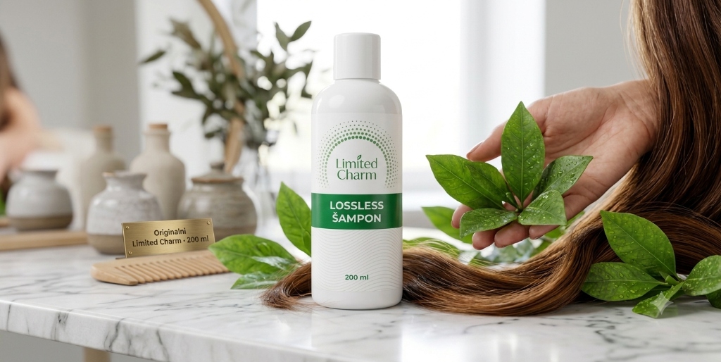 Limited Charm LOSSLESS Šampon студио фотографија на мермеру са косом и зеленилом